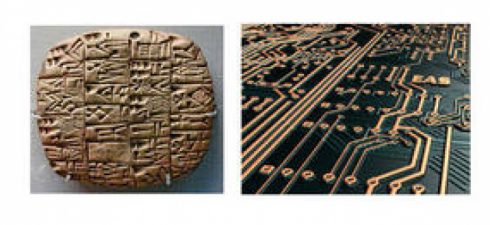 printed circuit board and a stone with hieroglyph image